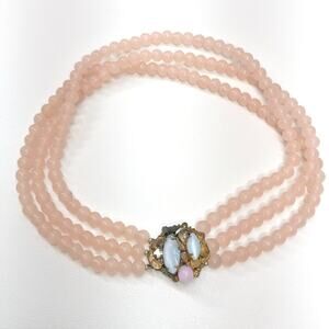VTG Miriam Haskell Signed Pink Pâte De Verre Glass Bead Triple Strand Necklace